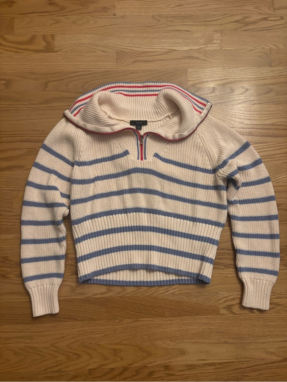 J.Crew Striped Cream and Blue Half-Zip Ribbed Sweater (Large)
